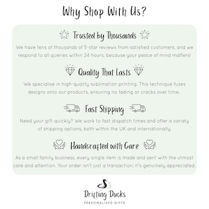 May include: A light green informational graphic titled Why Shop With Us? featuring four sections: Trusted by Thousands, Quality That Lasts, Fast Shipping, and Handcrafted with Care. The bottom includes a duck logo and Drifting Ducks text.