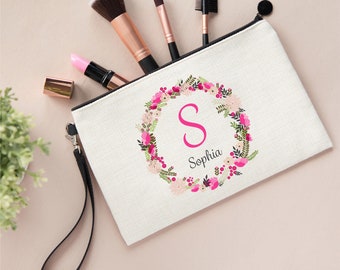 Personalised Floral Initial Name Linen Style Make Up Bag Pouch - Gift For Her, Women, Bridesmaid, Birthday, Christmas