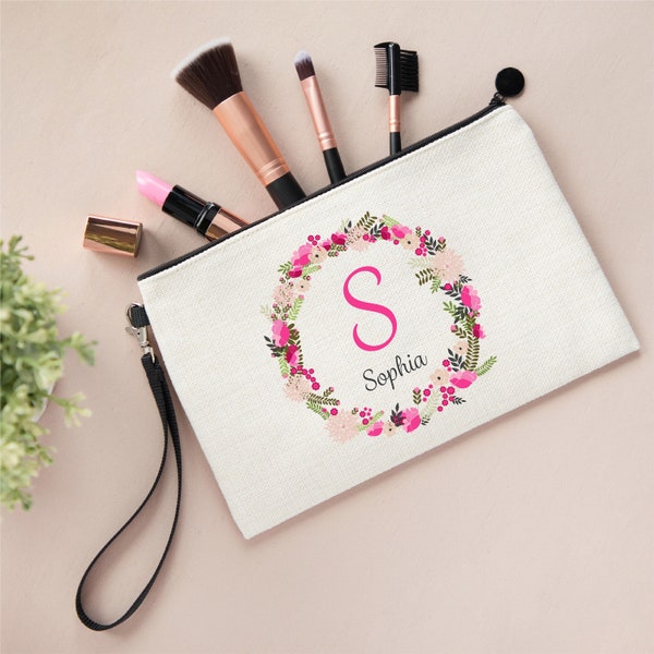 Personalised Floral Initial Name Linen Style Make Up Bag Pouch - Gift For Her, Women, Bridesmaid, Birthday, Christmas