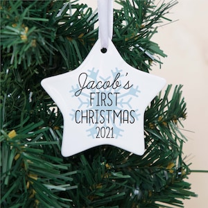 Personalised First Christmas Blue Ceramic Star Hanging Christmas Tree Bauble Decoration - Sentimental Keepsake Gift, Babys First Christmas