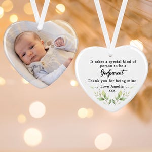 Ornement photo personnalisé en céramique à suspendre pour parrain et marraine | Cadeaux pour parrains et marraines | Proposition marraine parrain | Cadeaux de baptême