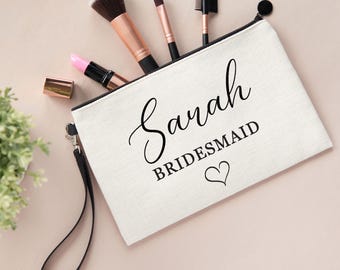 Personalised Linen Make Up Bag | Custom Name Bridal Party Wedding Thank You Gift Favour for Bridesmaids Maid of Honour Mother of Bride