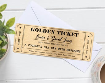 Personalised Golden Ticket | Custom Metal Experience Voucher Wedding Gift for Him Her Couple | Surprise Reveal Engagement Gift for Couple
