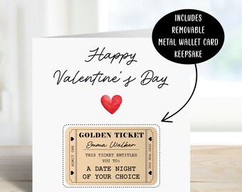 Personalised Happy Valentines Day Card & Metal Golden Ticket Keepsake | Anniversary Gift for Him Boyfriend Husband | Present for Her Wife