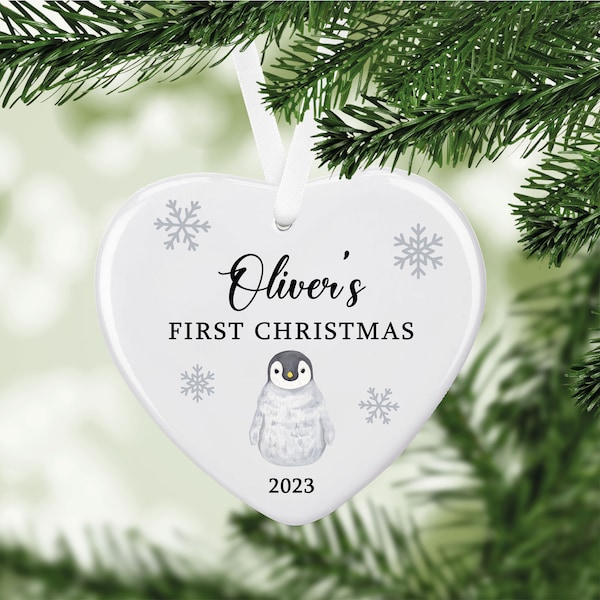 Personalised Baby's First Christmas Penguin Ceramic Heart Hanging Christmas Tree Bauble Decoration Ornament - Sentimental Keepsake Gift