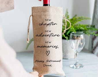 Personalised Retirement Bottle Bag | Custom Name Happy Retirement Burlap Wine Gift Bag | Retirement Gift Bag for Men Women Friend Colleague