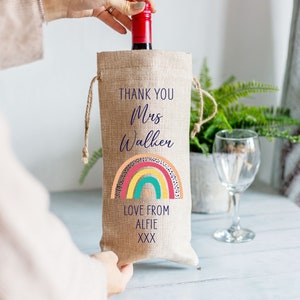 Personalised Teacher Rainbow Burlap Style Wine Bottle Bag - Thank You Gift for Teacher, Teaching Assistant, End Of Term, Christmas