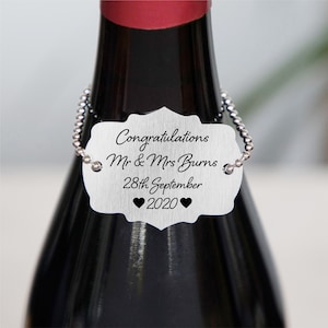 Personalised Congratulations Metal Wine Bottle Tag Label - Keepsake Gift for Couples, Anniversary, Wedding, Engagement, Retirement