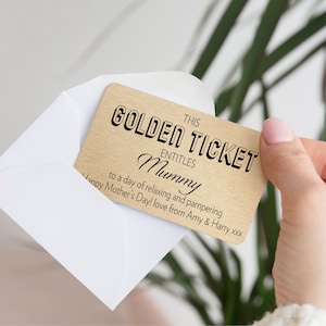 Carte de vœux personnalisée Golden Ticket en métal | Cadeau fête des pères | Bon cadeau d'anniversaire, jeton pour grand-parent | Noël, fête des mères