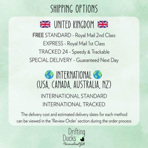 May include: A light green background with text detailing shipping options for the United Kingdom and International destinations, including the USA, Canada, Australia, and New Zealand. The text includes shipping methods and the company logo.