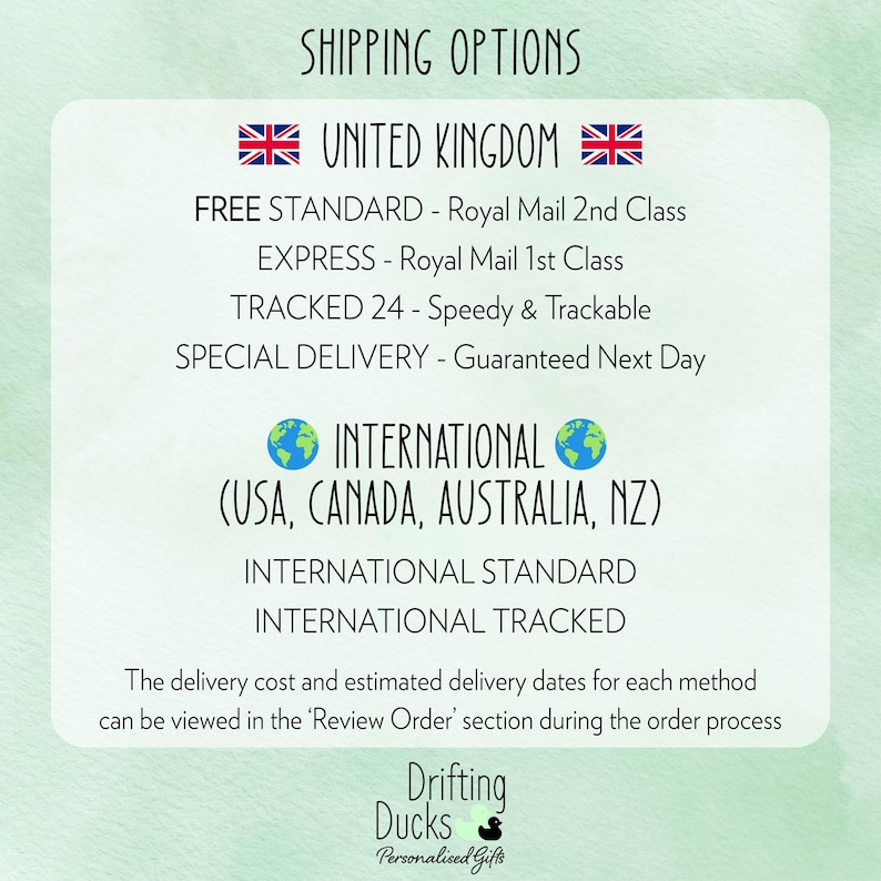 May include: A light green background with text detailing shipping options for the United Kingdom and International destinations, including the USA, Canada, Australia, and New Zealand. The text includes shipping methods and the company logo.