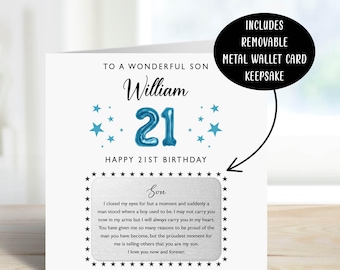 Personalised Son 21st Birthday Card & Keepsake Metal Wallet Card | 21st Birthday Card for Son from Mum and Dad | 21st Birthday Gift for Son