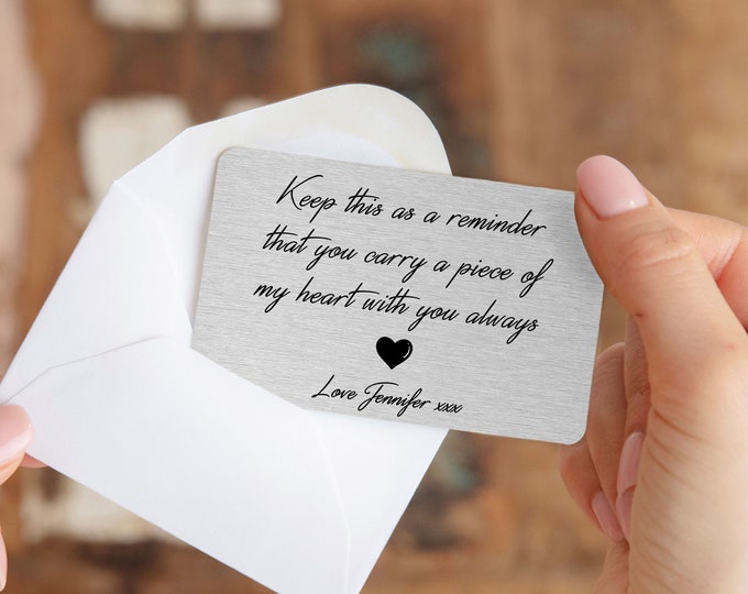 Personalised Metal Wallet Card | Piece of My Heart Anniversary Gift for Him Husband Boyfriend | Long Distance Birthday Gift for Her Wife