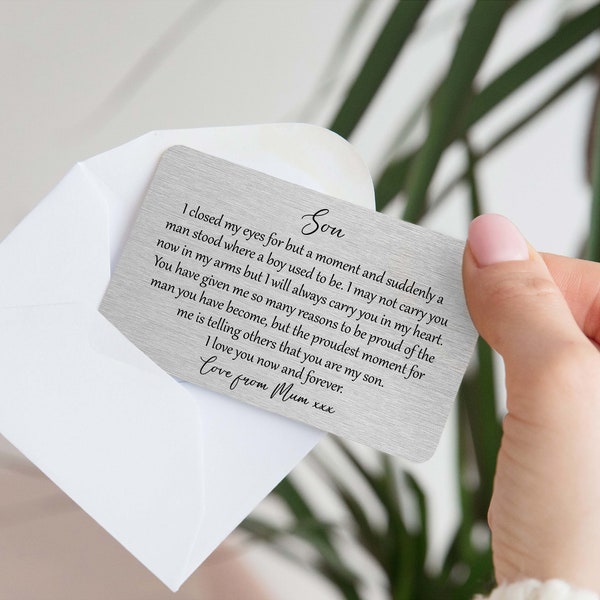 Carte portefeuille en métal personnalisée J'ai fermé les yeux pour fils - Cadeau souvenir sentimental pour fils, mariage, remise des diplômes, anniversaire, parent fier