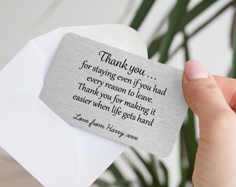 Personalised Thank You For Staying Love Metal Wallet Card - Sentimental Romantic Keepsake Gift for Husband, Wife, Valentine, Anniversary