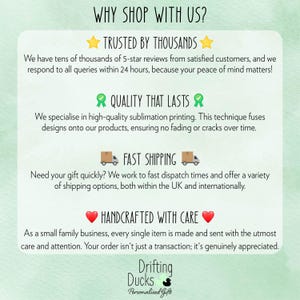 May include: A light green graphic with the text "WHY SHOP WITH US?" and other text about the business. The text includes "TRUSTED BY THOUSANDS", "QUALITY THAT LASTS", "FAST SHIPPING", and "HANDCRAFTED WITH CARE". The business logo is at the bottom.