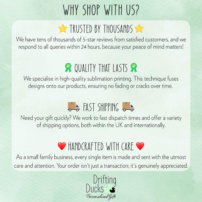 May include: A light green graphic with the text "WHY SHOP WITH US?" and other text about the business. The text includes "TRUSTED BY THOUSANDS", "QUALITY THAT LASTS", "FAST SHIPPING", and "HANDCRAFTED WITH CARE". The business logo is at the bottom.