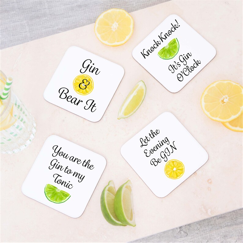 Gin slogan coasters 4 different Coaster designs Gin lover gift idea? Gin slogan coasters 4 different Coaster designs Gin lover gift idea?