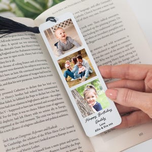 Personalised photo bookmark with tassel showing three custom family photos and a birthday message, printed on glossy white aluminium, perfect sentimental keepsake gift for dad, grandad, or husband