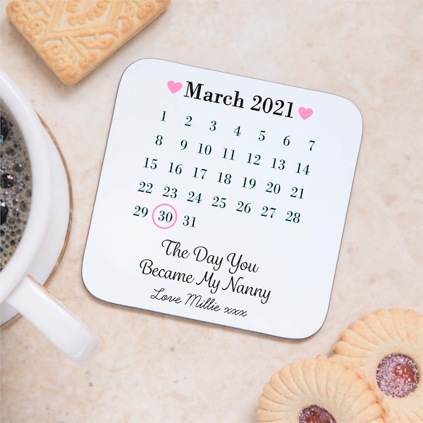 Personalised Day You Became My Nanny Date Coaster Mat from Grandchild - Sentimental Keepsake Gift, Mother's Day, Christmas, Birthday