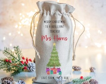 Personalised Christmas Bottle Gift Bag | Custom Burlap Wine Bottle Bag Xmas Gift for Teacher TA | End of Year Thank You Teacher Appreciation