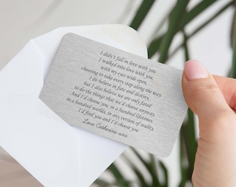 Tarjeta personalizada de billetera de metal con texto en inglés "I Walked Into Love", regalo de recuerdo romántico y sentimental para marido, esposa, San Valentín, aniversario