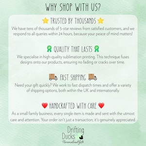 Puede incluir: Un gr&aacute;fico verde claro con el texto "WHY SHOP WITH US?" y otro texto sobre el negocio. El texto incluye "TRUSTED BY THOUSANDS", "QUALITY THAT LASTS", "FAST SHIPPING" y "HANDCRAFTED WITH CARE". El logotipo de la empresa est&aacute; en la parte inferior.
