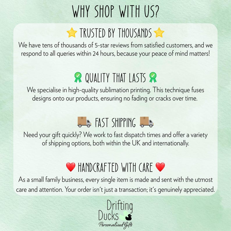 May include: A light green graphic with the text "WHY SHOP WITH US?" and other text about the business. The text includes "TRUSTED BY THOUSANDS", "QUALITY THAT LASTS", "FAST SHIPPING", and "HANDCRAFTED WITH CARE". The business logo is at the bottom.