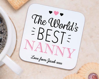 Personalised Wooden Coaster | Worlds Best Nanny Birthday Gift from Grandson Granddaughter | Sentimental Cutecore Coaster Gift for Nanny