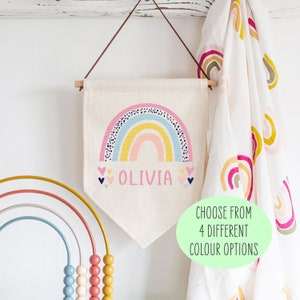 Personalised Kids Name Rainbow Linen Flag | New Baby Boy or Girl Gift for Nursery | New Arrival Gift for New Parents | Bedroom Wall Decor