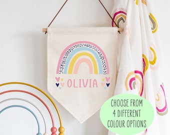 Personalised Rainbow Name Linen Style Hanging Flag Pennant Sign Gift - New Baby, Kids Room, Wall Art, Banner, Door Hanger, Nursery Decor