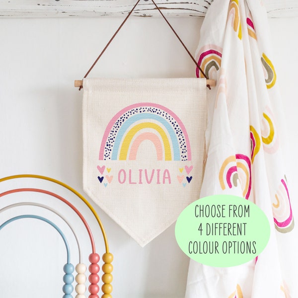 Personalised Rainbow Name Linen Style Hanging Flag Pennant Sign Gift - New Baby, Kids Room, Wall Art, Banner, Door Hanger, Nursery Decor