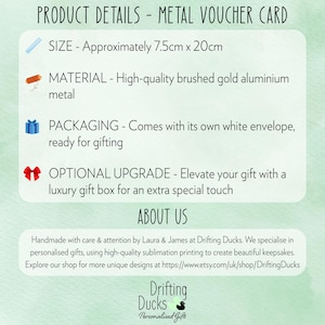 Puede incluir: Tarjeta de vale met&aacute;lica con detalles del producto. La tarjeta mide aproximadamente 7,5 cm x 20 cm. Est&aacute; hecha de aluminio dorado cepillado de alta calidad. El embalaje incluye un sobre blanco, listo para regalar.