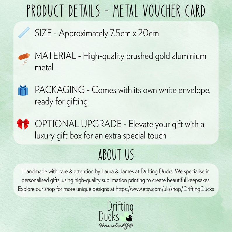 Puede incluir: Tarjeta de vale met&aacute;lica con detalles del producto. La tarjeta mide aproximadamente 7,5 cm x 20 cm. Est&aacute; hecha de aluminio dorado cepillado de alta calidad. El embalaje incluye un sobre blanco, listo para regalar.
