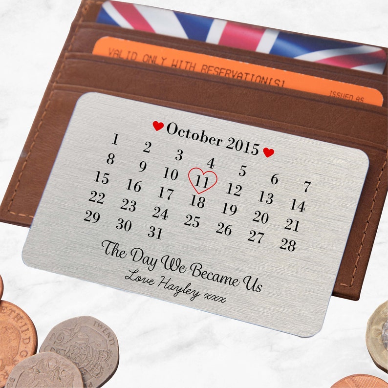 Personalised Day We Became Us Date Metal Wallet Card Sentimental Romantic Keepsake Gift for Boyfriend, Girlfriend, Husband, Wife image 2