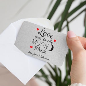 Personalised Love You To The Moon & Back Metal Wallet Card - Sentimental Romantic Keepsake Gift for Husband, Wife, Valentine, Anniversary