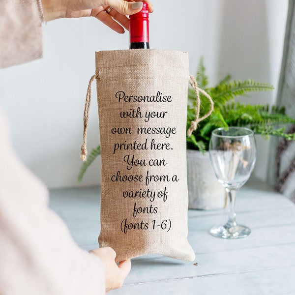Personalised Own Message Burlap Style Wine Bottle Bag Gift - Birthday, Anniversary, Wedding, Retirement, Thank You, Father's Day, Mother's