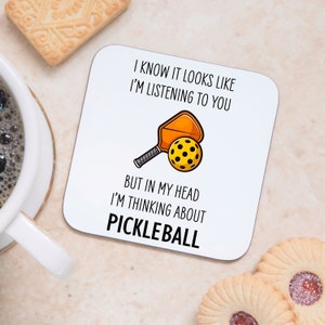Funny Pickleball Wooden Coaster | Thinking About Pickleball Birthday Gift for Women Men Her Him | Pickleball Gift for Pickleball Player