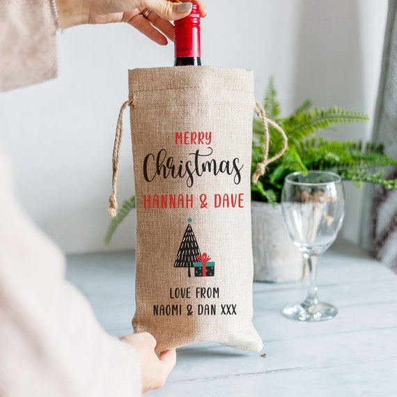 Personalised Merry Christmas Burlap Style Wine Bottle Bag Xmas Gift For Couples Him Her Men Women Etsy