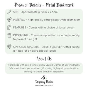 May include: A white metal bookmark product information card with black text. It lists details: size 15cm x 4.5cm, high-quality ultra-glossy white aluminum material, tassel color choices, tissue paper packaging, and optional luxury gift box upgrade.