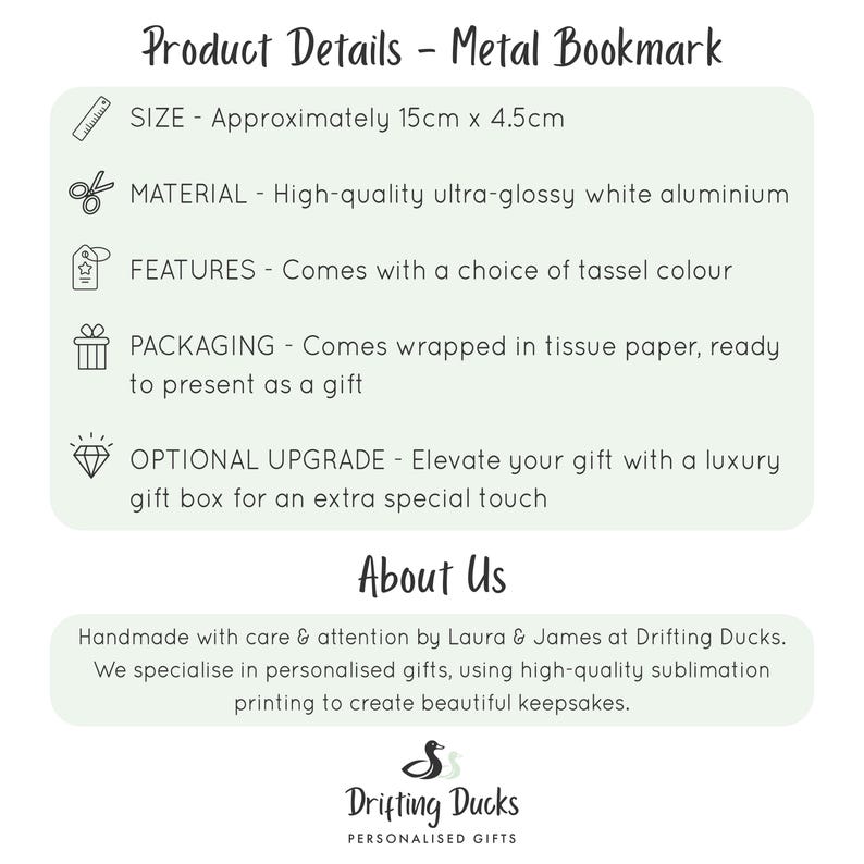 May include: A white metal bookmark product information card with black text. It lists details: size 15cm x 4.5cm, high-quality ultra-glossy white aluminum material, tassel color choices, tissue paper packaging, and optional luxury gift box upgrade.