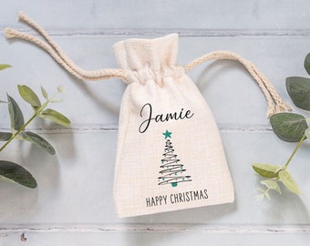 Personalised Happy Christmas Tree Outline Linen Style Drawstring Bag Pouch - Keepsake Christmas Gift Bag, Favour Bag, Place Setting