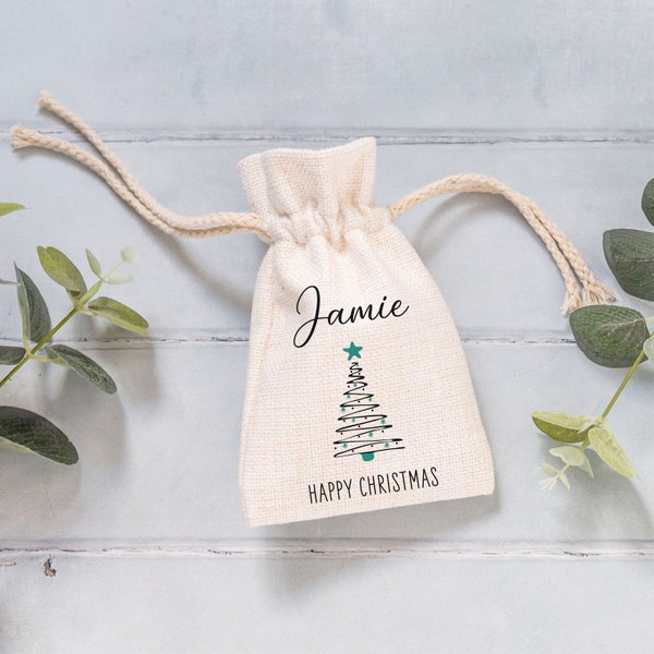 Bolsa personalizada con cordón estilo lino con diseño de árbol de Navidad feliz, bolsa de regalo de Navidad de recuerdo, bolsa de favor, ajuste de lugar