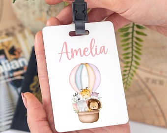 Personalised Luggage Tag | Custom Kids Name Wooden Suitcase Tag First Holiday Gift for Boy Girl | Hot Air Balloon Travel Accessory Bag Tag