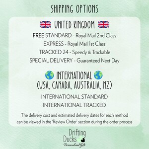 May include: A light green background with text detailing shipping options for the United Kingdom and International destinations, including the USA, Canada, Australia, and New Zealand. The text includes shipping methods and the company logo.