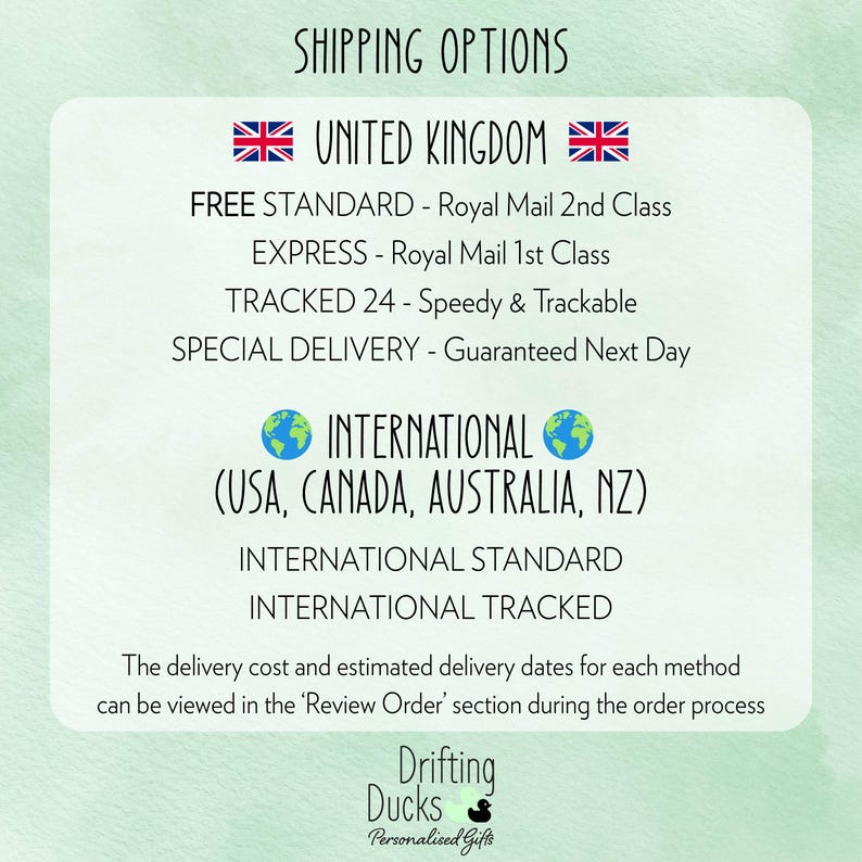 May include: A light green background with text detailing shipping options for the United Kingdom and International destinations, including the USA, Canada, Australia, and New Zealand. The text includes shipping methods and the company logo.
