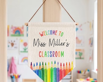 Personalised Linen Classroom Sign | Custom Name Hanging Pennant Thank You Gift for Teacher | End of Term Teacher Appreciation Classroom Gift