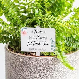 May include: A potted fern with a decorative white sign that reads "If Mums Were Flowers I'd Pick You." The sign has a pink floral design and a blue leaf design. The pot is a textured gray color.