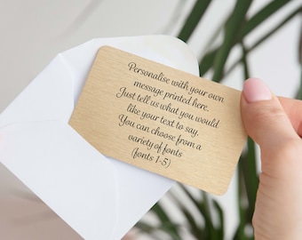 Tarjeta de billetera de metal dorado con mensaje propio personalizado: regalo de recuerdo romántico sentimental para él, ella, esposa, esposo, día del padre, aniversario