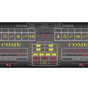 May include: A craps table layout with a dark gray background and white and yellow text. The layout includes areas for "PASS LINE", "COME", and various number bets. Dice are visible at the bottom.